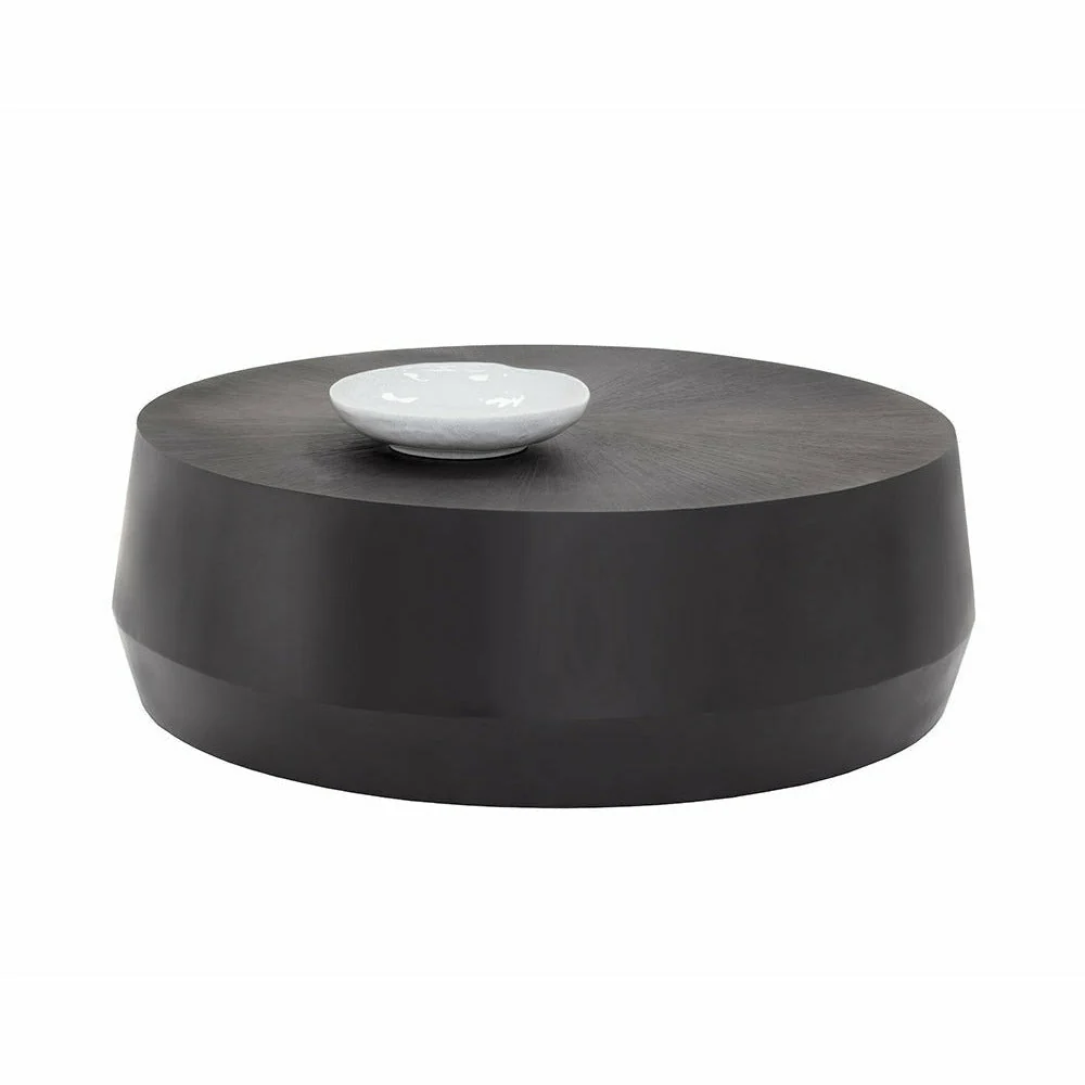 Industrial Metal Coffee Table with Hand-Etched Gunmetal Hammered Top & Drum Base for Living Room