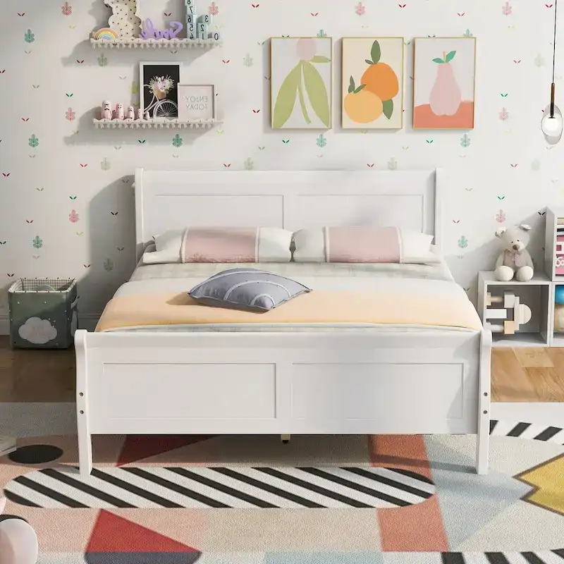 Full Size Wood Platform Bed with Headboard and Wooden Slat Support, White