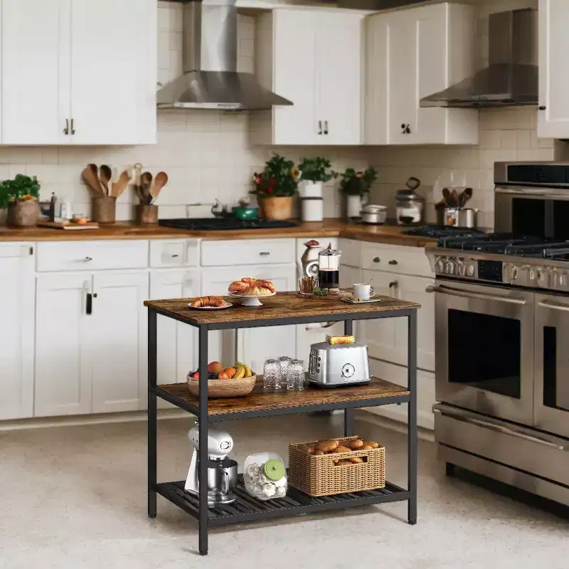 Industrial Style Kitchen Island with Large Worktop and 3-Tier Storage Shelves - Easy Assembly, Versatile Design