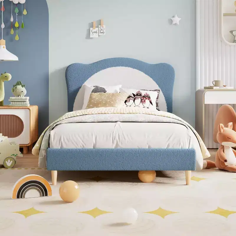Acekool Twin Size Boucle Upholstered Bed Frame, Soft Headboard, Platform Slat Support, No Box Spring Needed, Quiet Kids Bed, Easy Assembly, Grey White