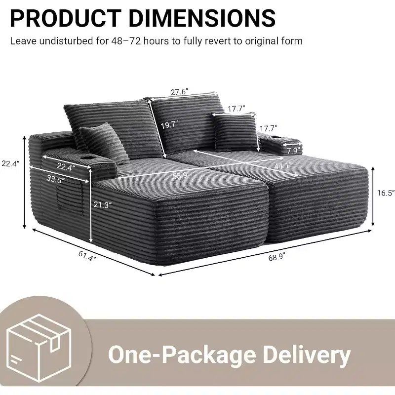 MooxvMoo Double Sectional Sofa, Chaise Lounge Couch Indoor with Deep Seat & Throw Pillow, No Assembly Required, Gray