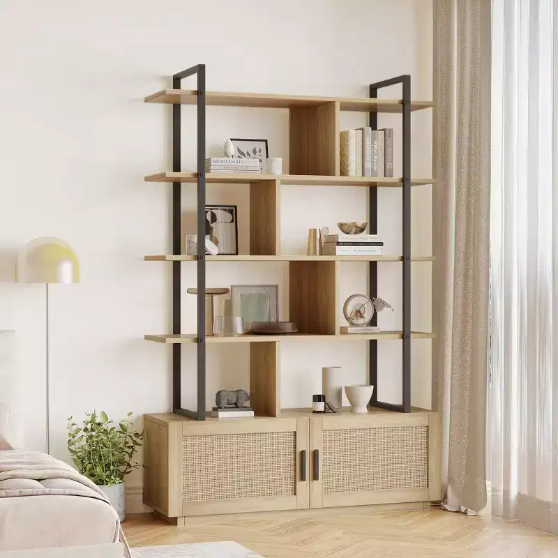 GustoWave Rattan Bookshelf,71.1 Inch Tall Industrial Bookcase with Storage Door,5 Shelf Bookcase with Metal Frame for Living Room