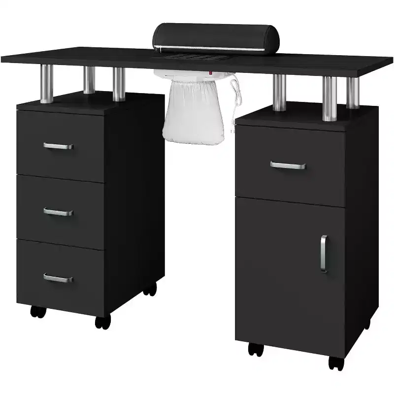 Manicure Table with Electric Dust Collector,42 Nail Table Beauty Salon Station with Lockable Wheels, Arm Rest,4 Storage Drawers,Resistant Top