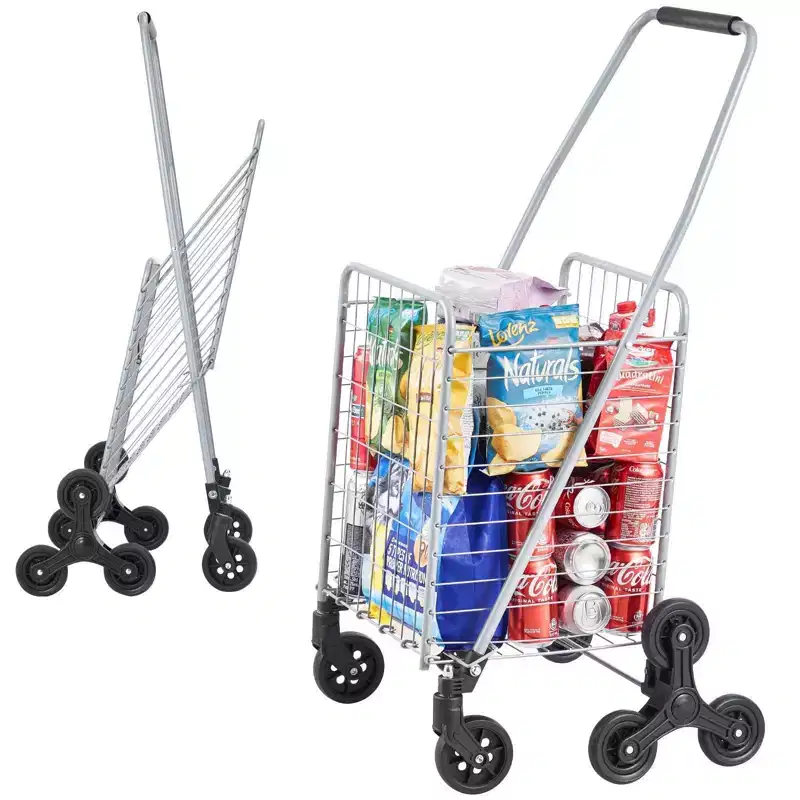 45L Stair Climbing Storage Cart, 360 Swivel Wheels, Tri-Wheels, Foldable Collapsible Lightweight Utility Cart for Laundry Travel, Silver