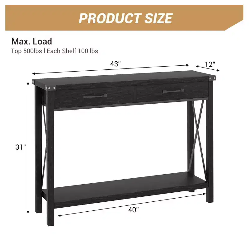 31 inch Console Table with Drawers and Open Shelf, 2-Tier Narrow Sofa Table for Entryway, Living Room, Corridor