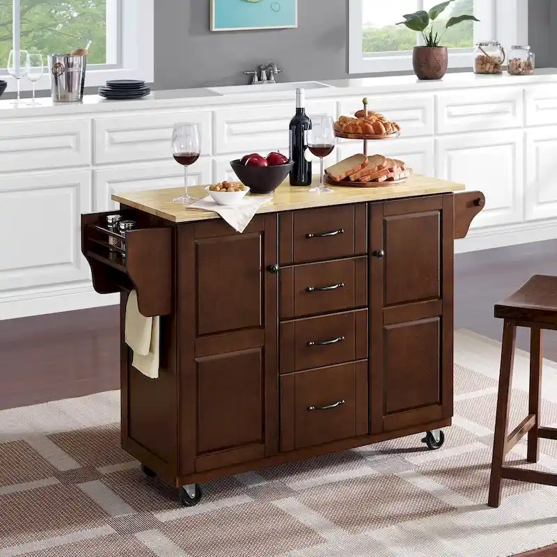 Solid Wood Kitchen Cart with Drawers and Cabinets