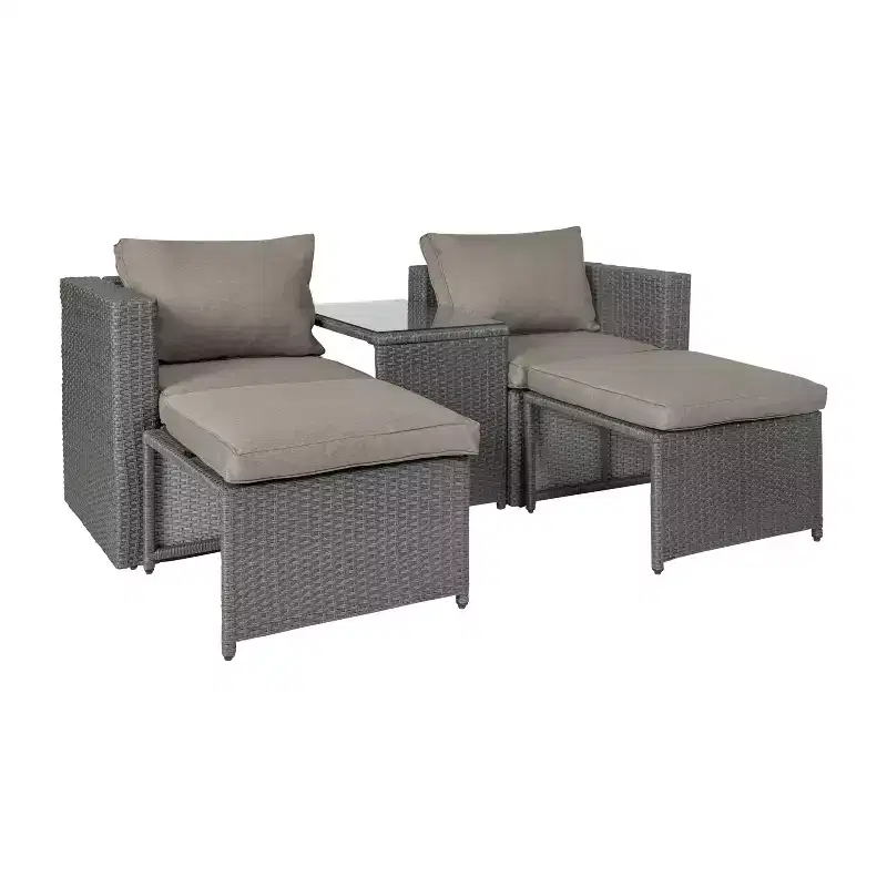 Emma and Oliver Indoor/Outdoor Modular Loveseat Sofa Set with Ottomans and Glass-Top Table