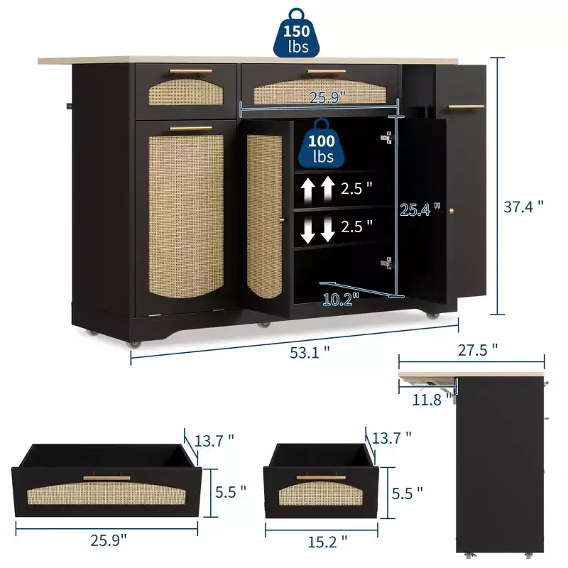 Modern Kitchen Island on Wheels, Multifunctional Kitchen Island Cart with Trash Storage Cabinet, 2 Drawer, Spice Rack, Drop Leaf for Kitchen