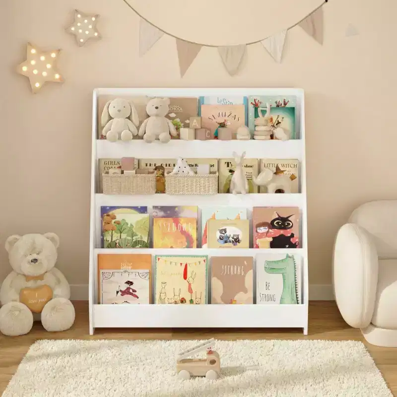 4-Tier Kids Storage Shelf, Toddler Toy & Book Organizer, for Bedroom Playroom Classroom, White