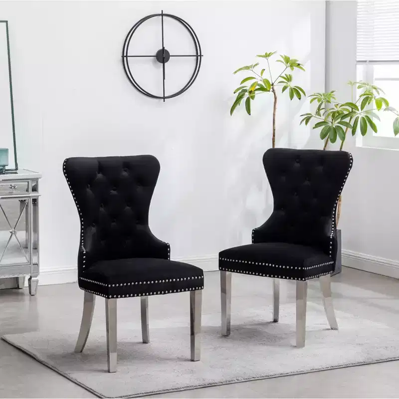 Montura Contemporary Tufted Velvet Chair with Nailhead Trim, Set of 2, Black