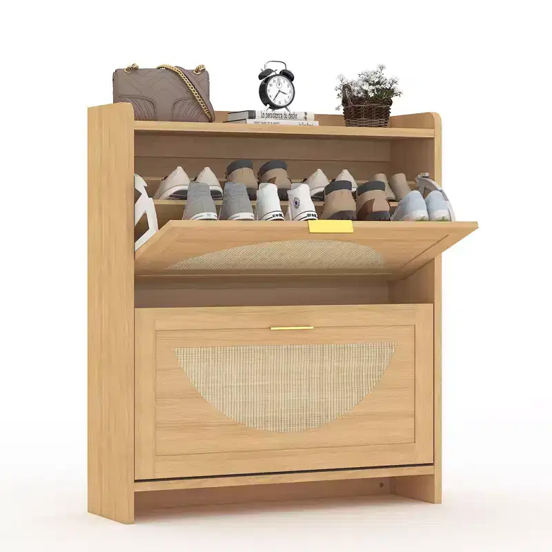 2 Flip Drawers Wood Shoe Storage Cabinet, Shoe Cabinet Freestanding with Rattan Doors & Adjustable Shelves for Entryway, Closet, Hallway
