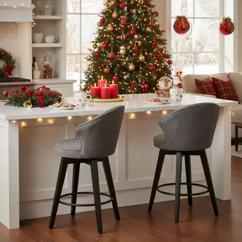 Homy Casa Set of 2 Wing Back Swivel Bar Stools with Upholstered Seat and Wood Legs, Gray