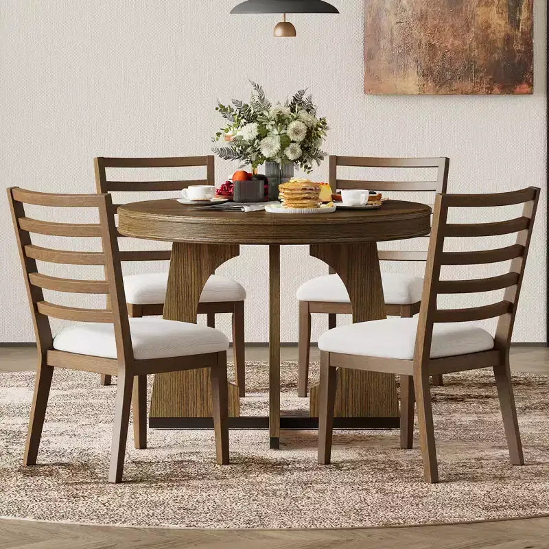 Whisen 5-Piece Retro Rustic Functional Dining Set with 1 Extendable Table and 4 Upholstered Chairs