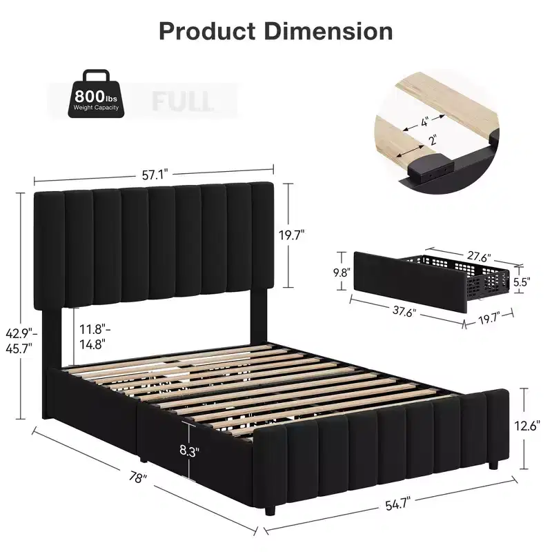 Linen Upholstered Bed Frame with 4 Storage Drawers, Adjustable Headboard, Sturdy Wooden Slats, No Box Spring Required