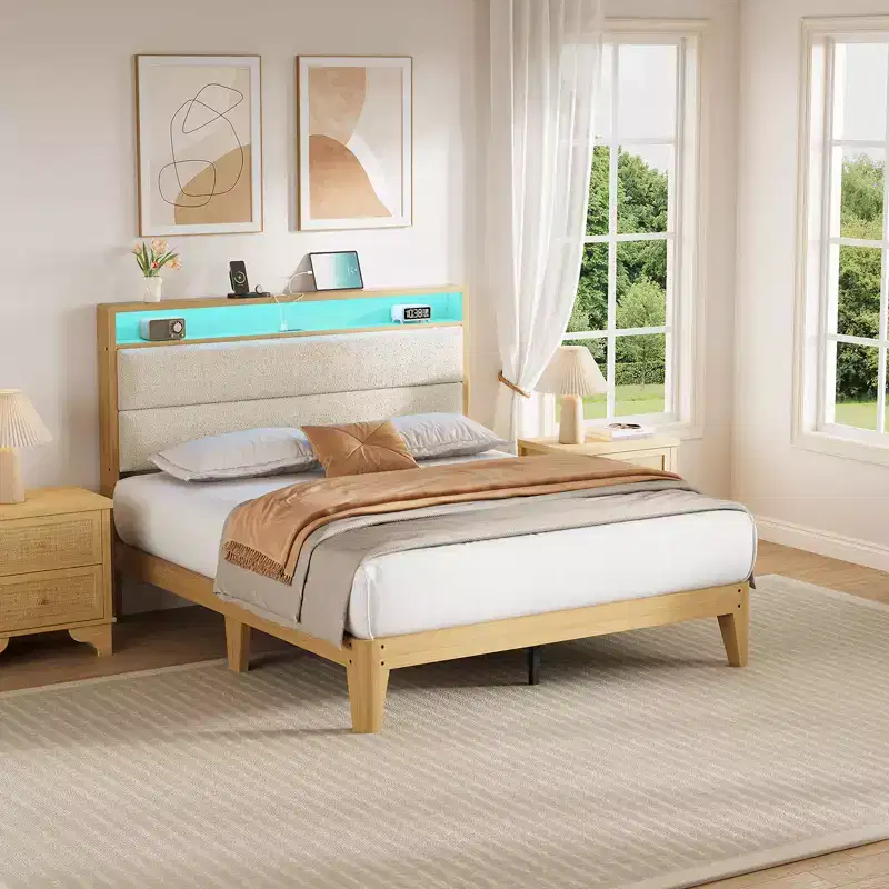 COZONY Bed Frame with RGB LED Lights and 2-Tier Storage Headboard, Modern Platform Bed for Bedroom