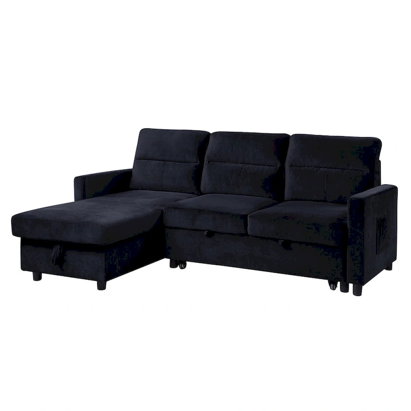 Ivy 81.5-inch Black Reversible Sleeper Sectional Sofa with Storage Chaise and Side Pocket - 81.5W x 60D x 33.5H