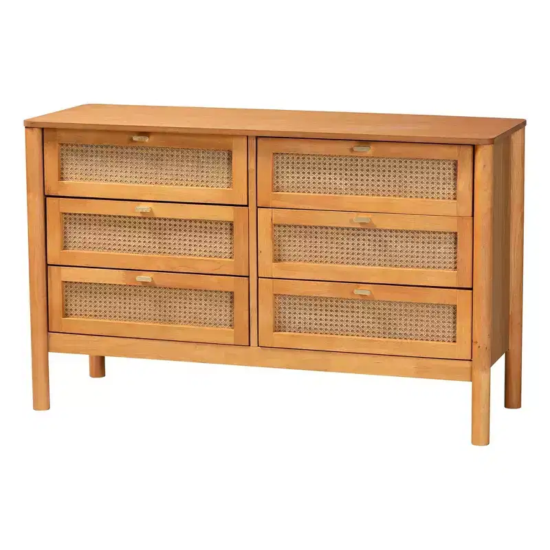 Baxton Studio Jenn Wood 6 Drawer Dresser with Distressed Finished Rattan Golden Brown/Distressed Rattan