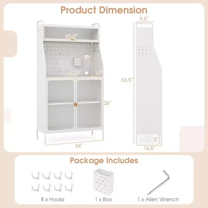 Costway 5-tier Metal Kitchen Bakers Rack with Pegboard 8 Hooks 5-position Adjustable Shelf White