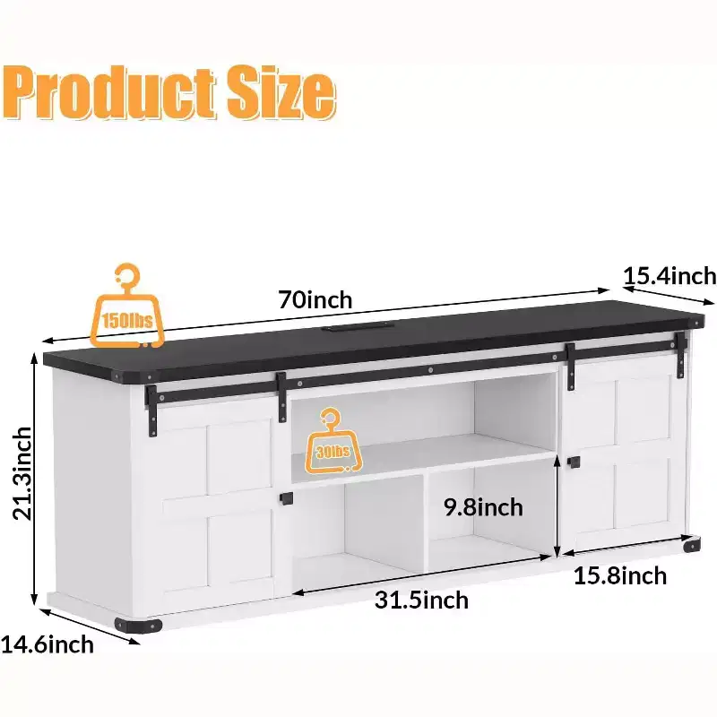 70 TV Stand for 75 Inch TVs, Entertainment Center and Media Furniture with Sliding Barn Doors & Storage Cabinets, Modern TV Console Table