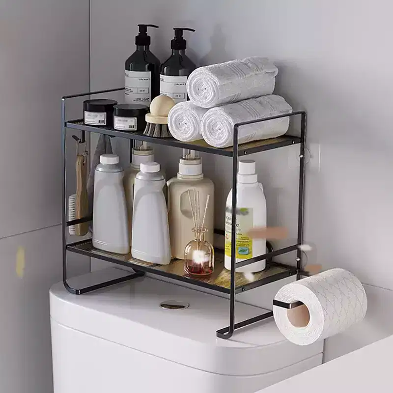 2-Tier Bathroom Counter Organizer, No Drilling Over Toilet Storage Shelf with Toilet Paper Holder and Hanging Hooks, Rustproof Meal Shower Organizer