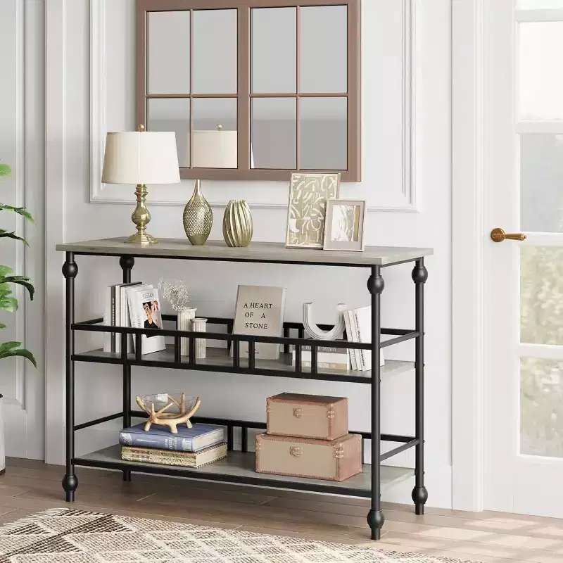 43 Industrial Console Table with 3 Tiers, Narrow Entryway and Sofa Table with Shelves, Space-Saving Design for Hallway, Living Room, Small Areas