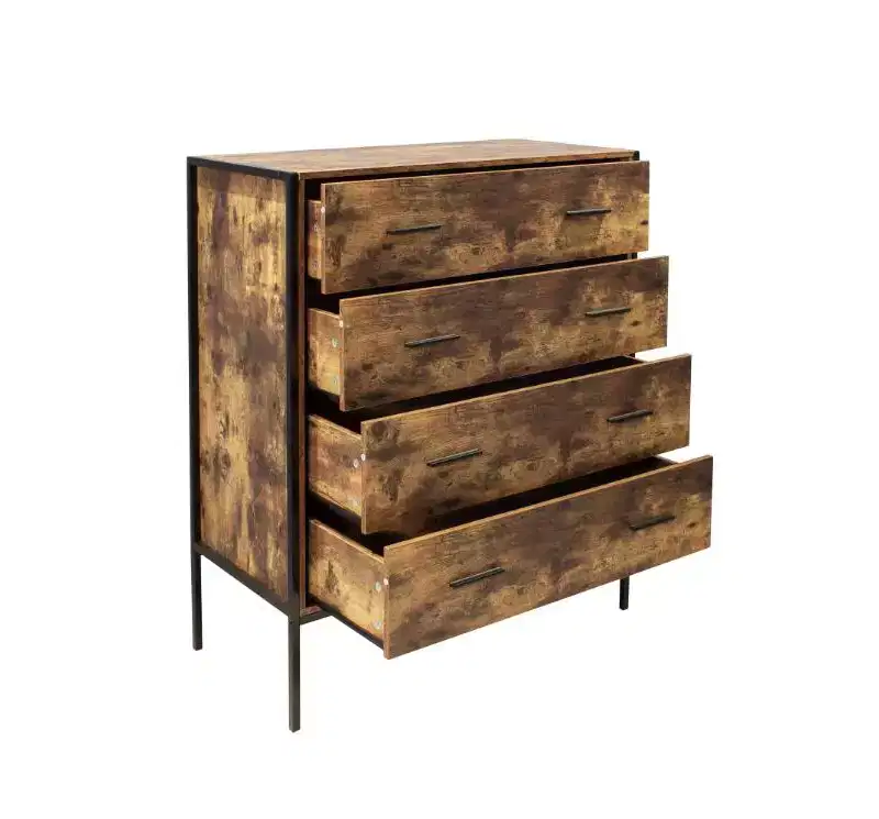 MDF Industrial Style 4-Drawer Dresser - Rustic Brown, Steel Frame