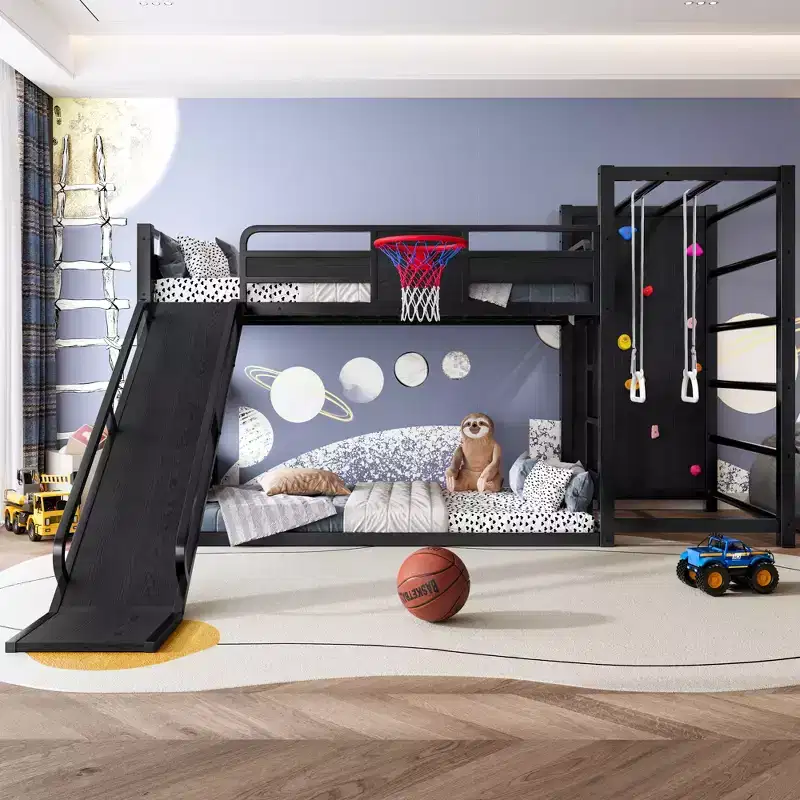Twin/Full Metal Loft Bed, Playful Kids Bunk Bed with Basketball Hoop, Slide, Climbing Wall & Bookshelves, Black
