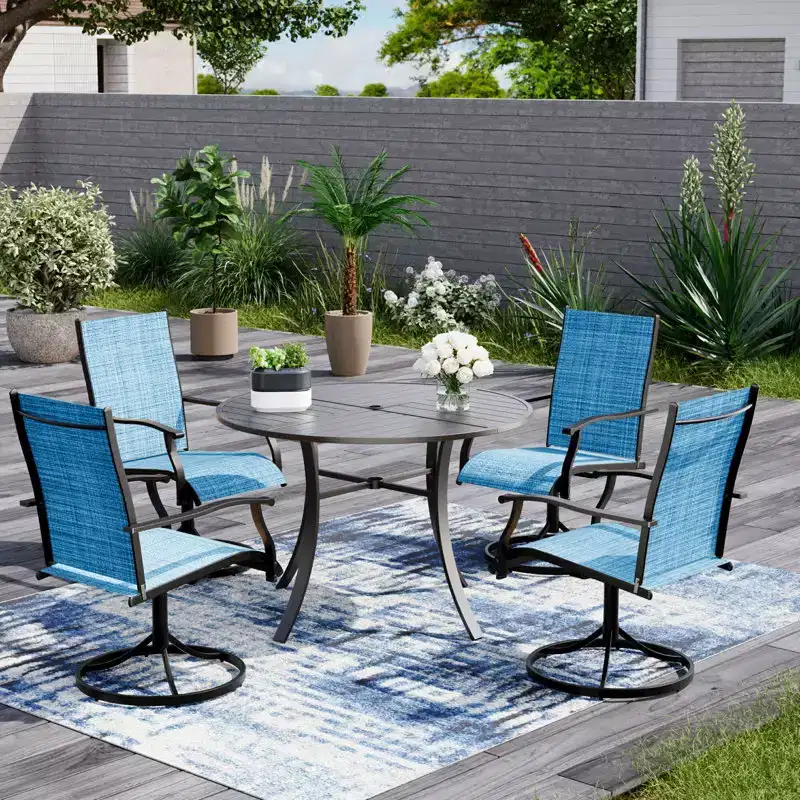EROMMY 5 Piece Patio Dining Set, Outdoor Dining Table And Chairs Set For 4, 4 Swivel Chairs, 1 Iron Round Table With Adjustable Umbrella Hole