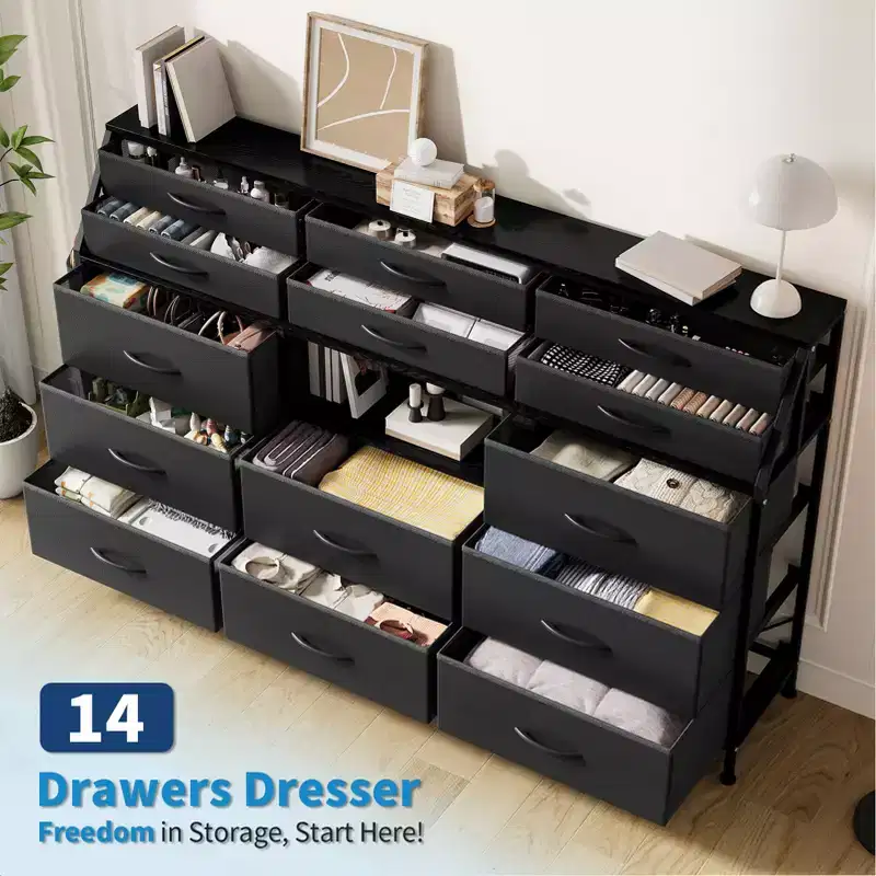 Black/White Dresser for Bedroom, 55 Wide Modern Dresser TV Stand with 14 Fabric Drawers, Large Clothing Storage Cabinet, Drawers Organizer