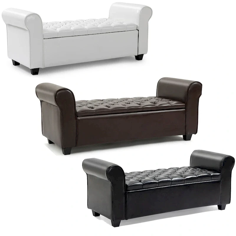 Leather Storage Ottoman Bench with Arms, 2-Seater, Beige / Brown / Black