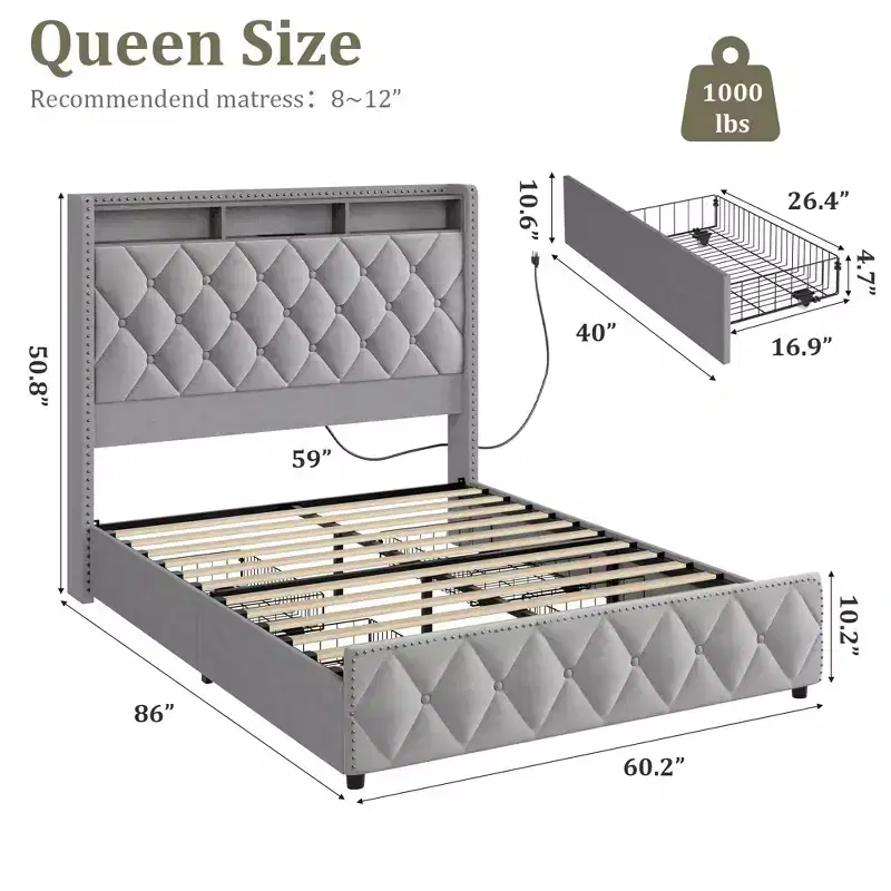 GustoWave Velvet Upholstered Bed Frame with 50.8 Tall Headboard, USB Charging Station, Led Lights