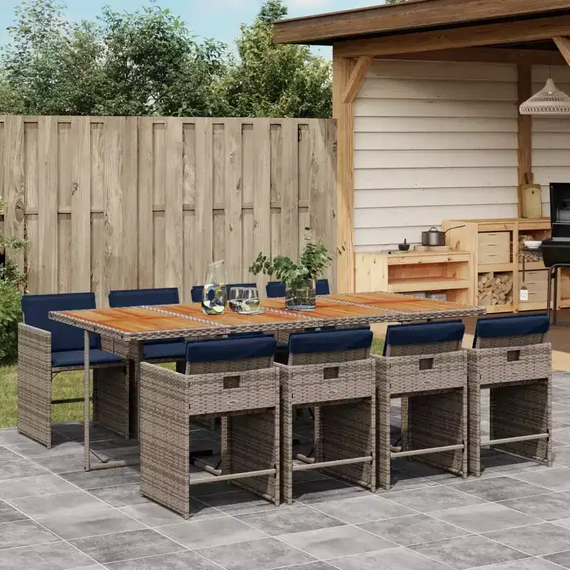 vidaXL Patio Dining Set, 8-Seater, Grey and Brown with Navy Cushions