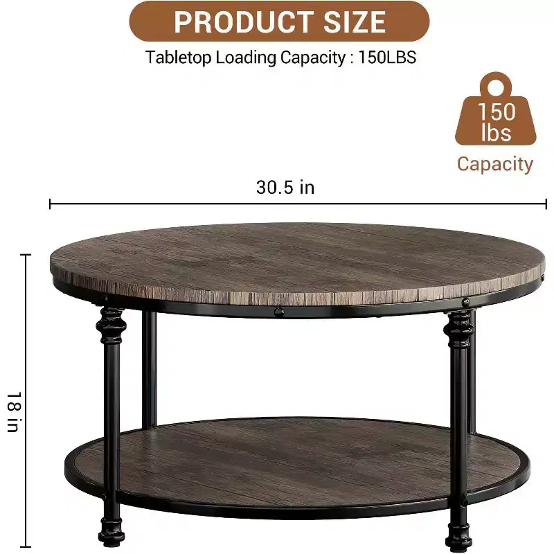 Round 2-Tier Coffee Table with Storage, Farmhouse Wood Center Table for Living Room, Metal Frame, Easy Assembly