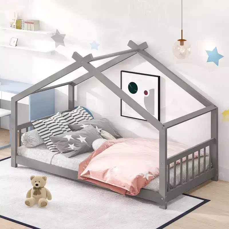 Bellemave Montessori Floor Bed Twin Size, Twin Floor Bed Frame with Headboard, Footboard, Gray