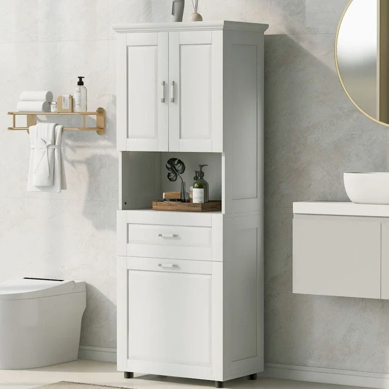 Bathroom Storage Cabinet with Laundry Basket and Upper Cabinet