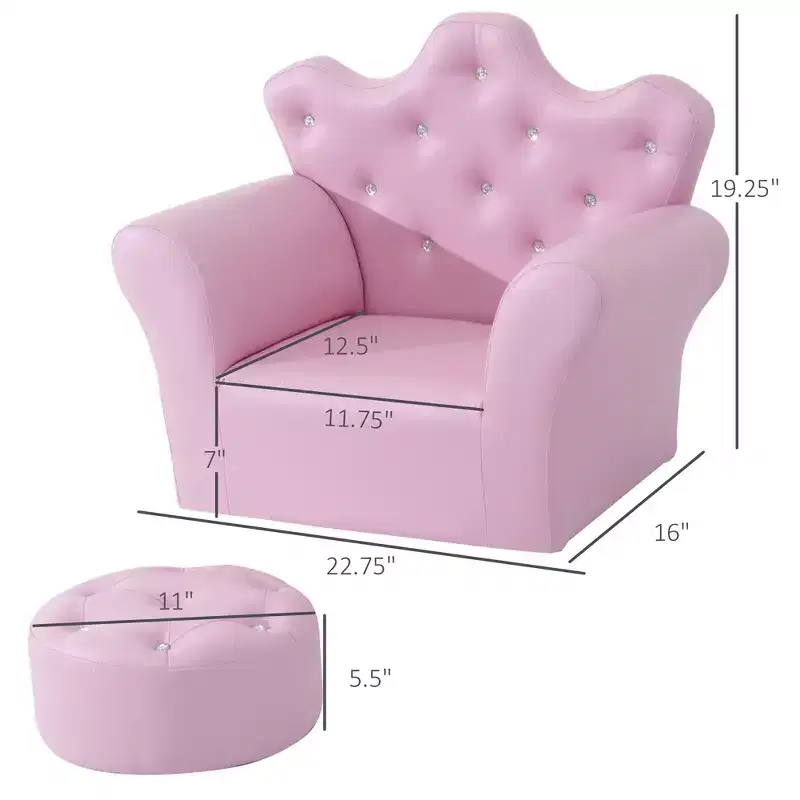 Kids Princess Sofa Chair with Crown Backrest and Matching Footstool Pink