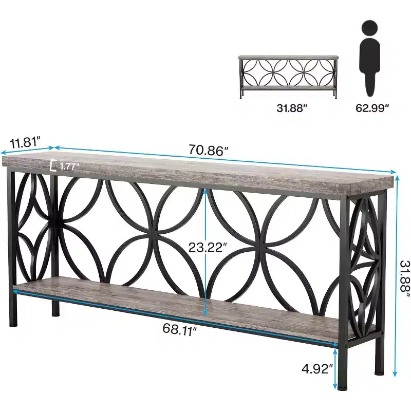 Lantine 70.9-Inch Narrow Industrial Sofa Table with Storage, Vintage Grey, for Entryway, Living Room, Foyer, Unique Design.