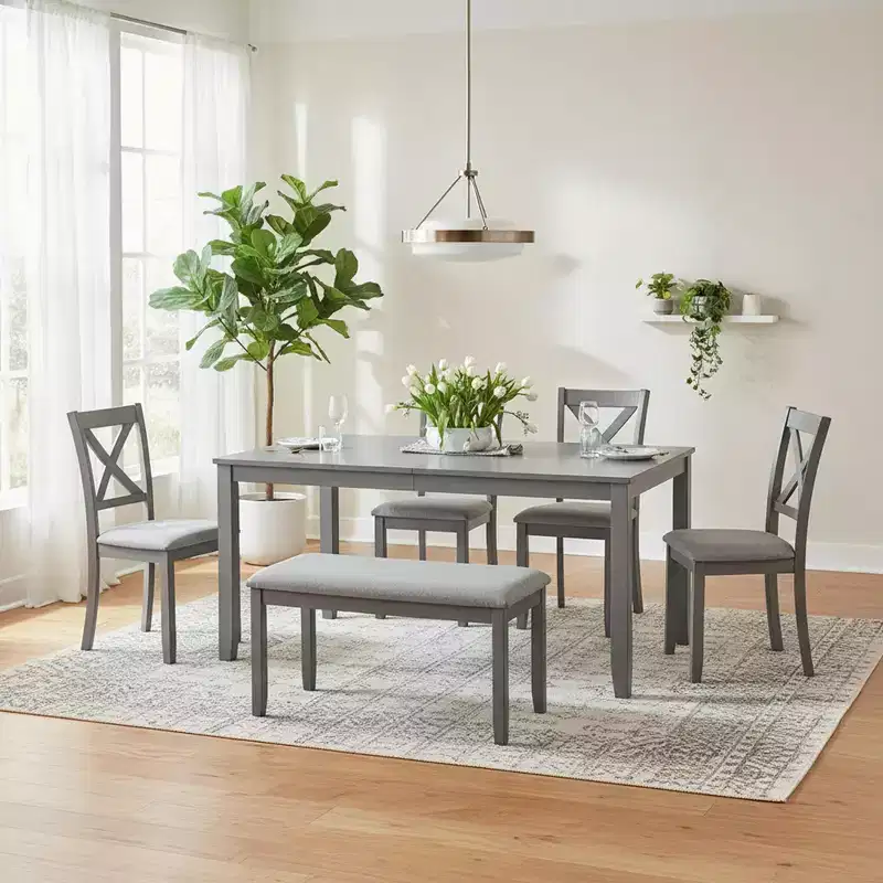 6-Piece Wooden Dining Table with 4 Upholstered Chairs and Bench, Kitchen & Dining Room Furniture, Grey