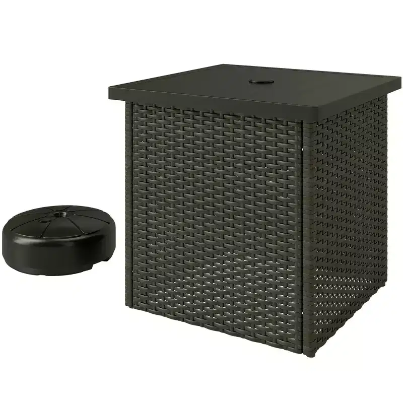 Wicker Side Table with 1.5 Umbrella Hole, Square Outdoor End Table with UV-Resistant Frame, Storage Space