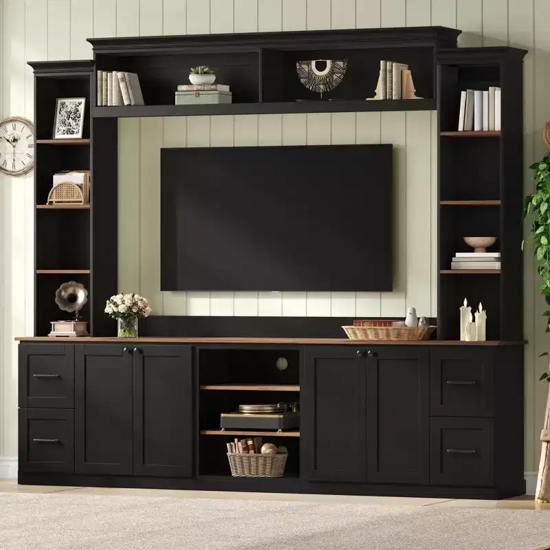 ModernLuxe 4-in-1 Farmhouse Entertainment Center Wall Unit, Fits TVs Up to 70, TV Stand Media Console w/ Adjustable Shelves & Drawers