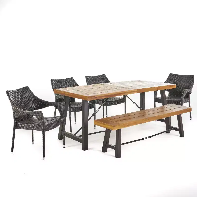 GDFStudio Mahalo Outdoor Wicker and Acacia Wood 6 Piece Dining Set with Bench