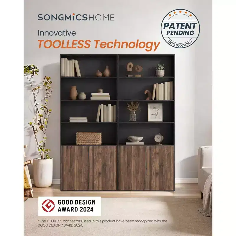 SONGMICS HOME Tall Book Shelf, Superfast Toolless Assembly, 6-Tier Floor Standing Bookcase with Adjustable Shelves and Door, Snow White