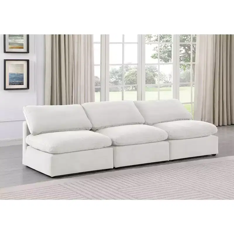 Cream Velvet Modular Sofa, 3-Seat Contemporary Design