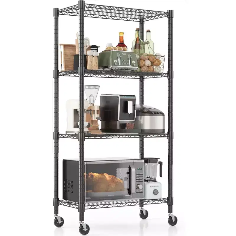 30W x 14D x 72H Wire Shelving Unit 1200LBS Capacity, 4-Tier Metal Storage Shelves with Wheels, Heavy Duty Adjustable Rack, Black