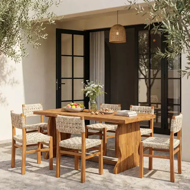 Christopher Knight Home Brigitte 7 Piece Outdoor Rustic Woven Wicker Acacia Wood Dining Set