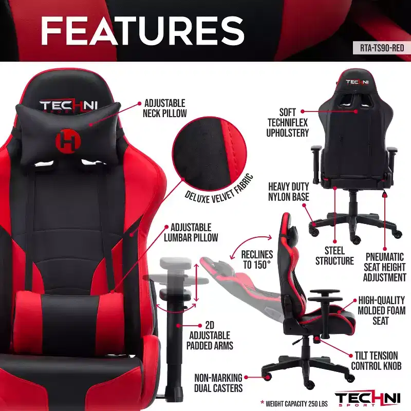 TUYOHW Adjustable Ergonomics Gaming Chair,360 Swivel Office Chairs with Head&Lumbar Pillow,90-150 Reclining Chair for Office&Home,250lbs Max,Red