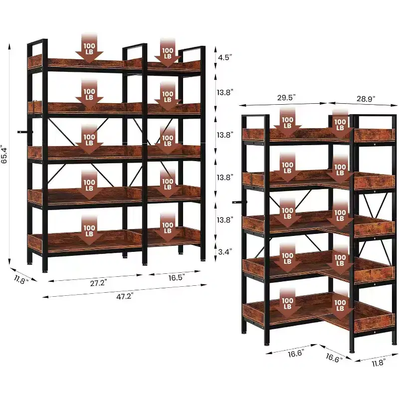 65 5-Tier L-Shaped Corner Bookshelf, 10 Open Shelf Industrial Storage Unit for Living Room, Home Office