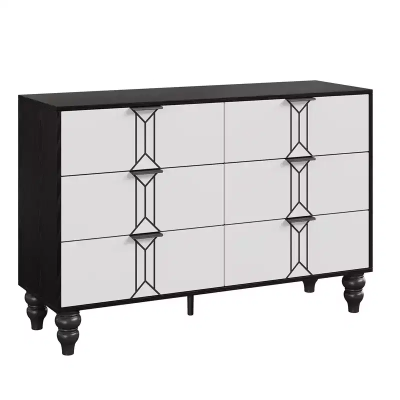 Modern 6-Drawer Chest with Vintage Diamond Design, Black & White Dresser, Deep Storage with Waterproof Finish, Metal Handles for Living Room