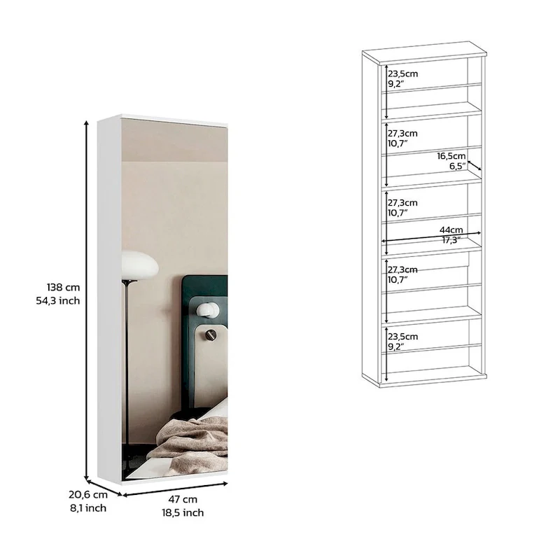 Wall Mounted Shoe Rack With Mirror , Single Door, White Finish,High quality and durable