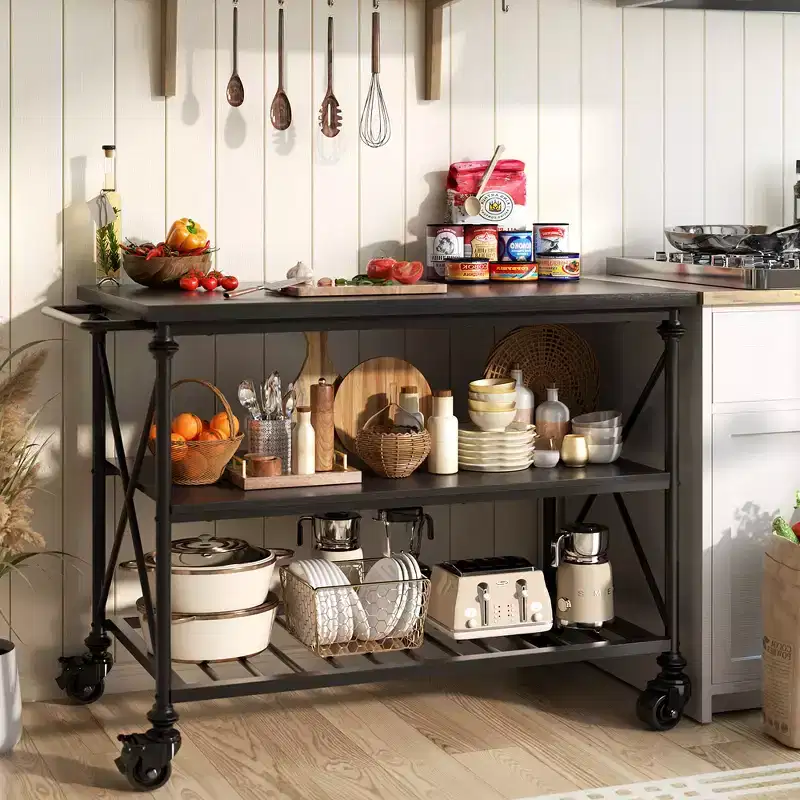 3-Tier Kitchen Island Cart with Wheels, Industrial Pipe Legs & Lockable Casters